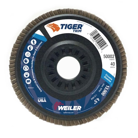 Weiler 4-1/2" Tiger Flap Disc, Angled (TY29), Backing, 40Z, 7/8" 50002